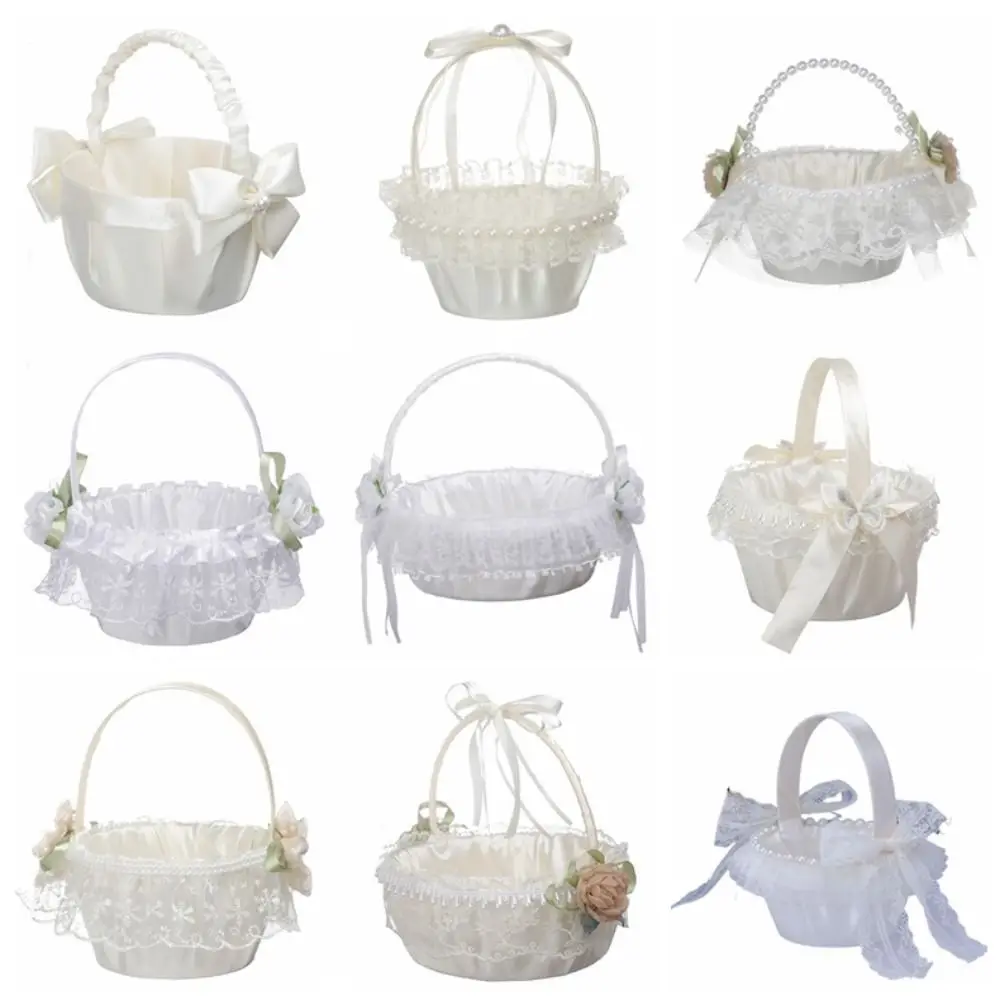 Spitze Hochzeit Blumenkorb Band Schleife Perlengriff Satin Schleife Hanbag Süßigkeiten Behälter Einkaufstasche Hochzeit Party Dekorationen