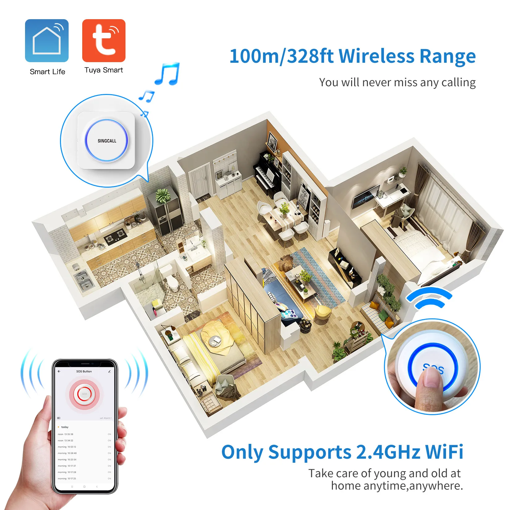 SINGCALL Tuya WiFi Smart Home Wireless Caregiver Pager System 1 WiFi SOS Button, 1 Plugin Receiver for Elderly, Patient