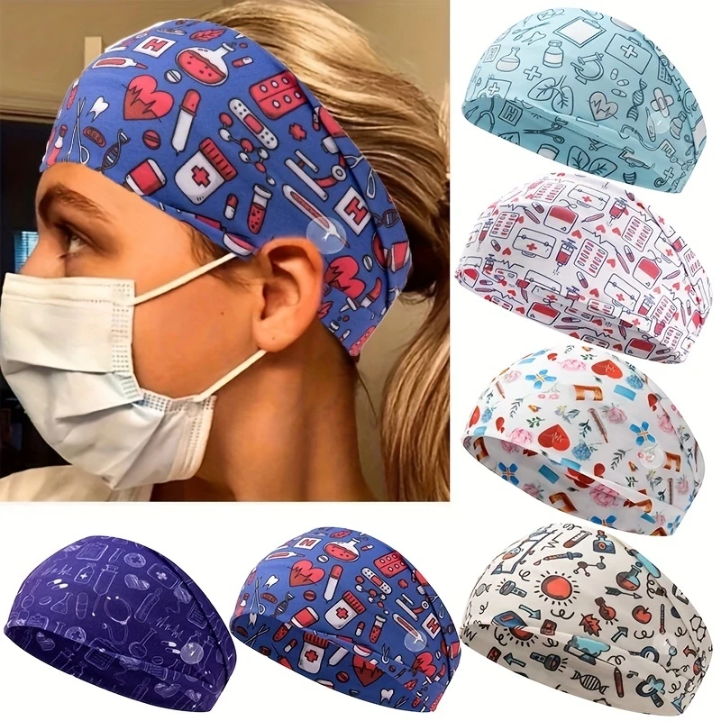 

Fashion Printed Nurse Hairband With Button Wide Elastic Workout Headband For Yoga Running Fitness Wide Sweatband Anti-Pull Ear