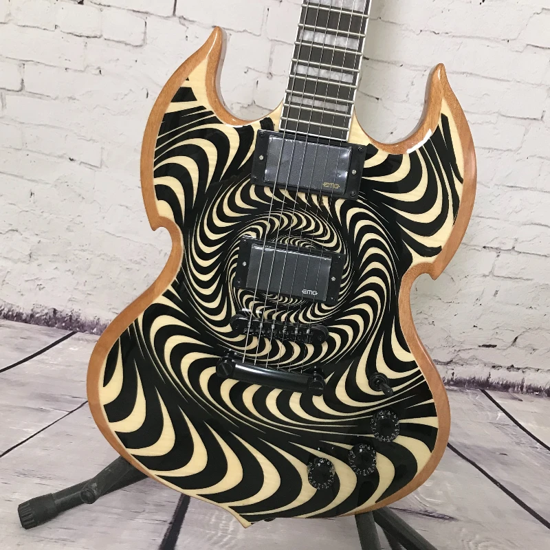 Natural Wood with Black and White Spiral Custom Swirl Pattern Electric Guitar Optical Illusion Design Free Shipping