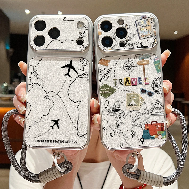 Leather Texture Phone Case For iPhone 17 Pro 16 15 14 13 Pro Max Tour Route Pattern Wrist Strap Lanyard Soft TPU Matte Cover