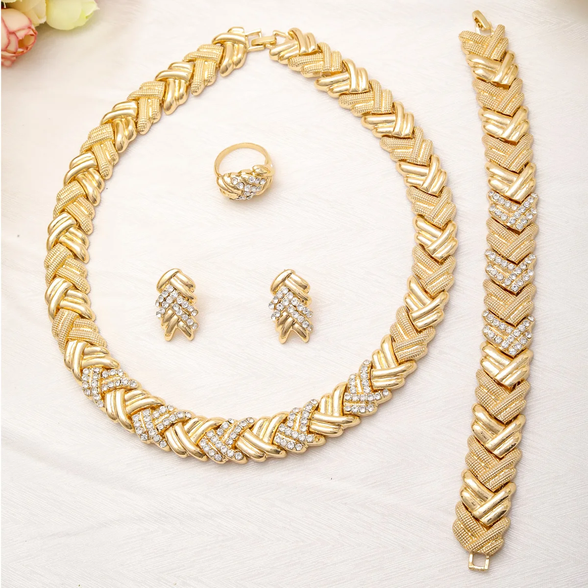 Fashion Women Crystal Jewelry Sets Luxury Dubai Gold Plated Necklace Bracelet Wheat Earrings Ring Nigerian African Wedding Gift