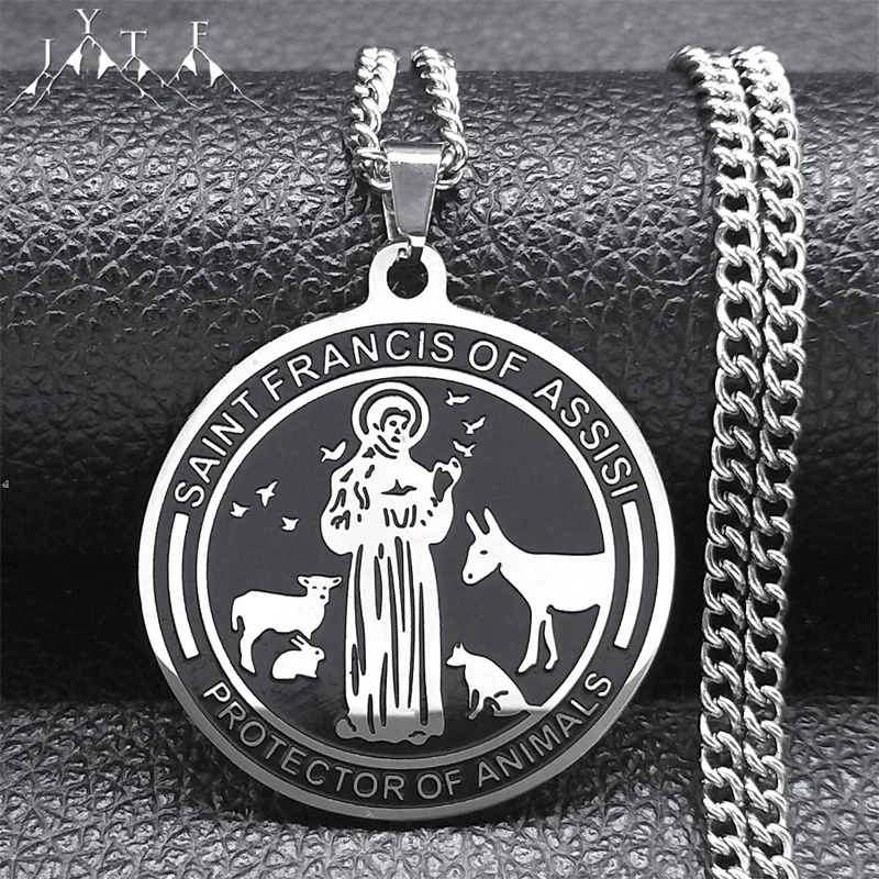 Saint Francis of Assisi Medal Necklaces for Women Men Stainless Steel Silver Color Protector of Animals Necklace Jewelry N7569