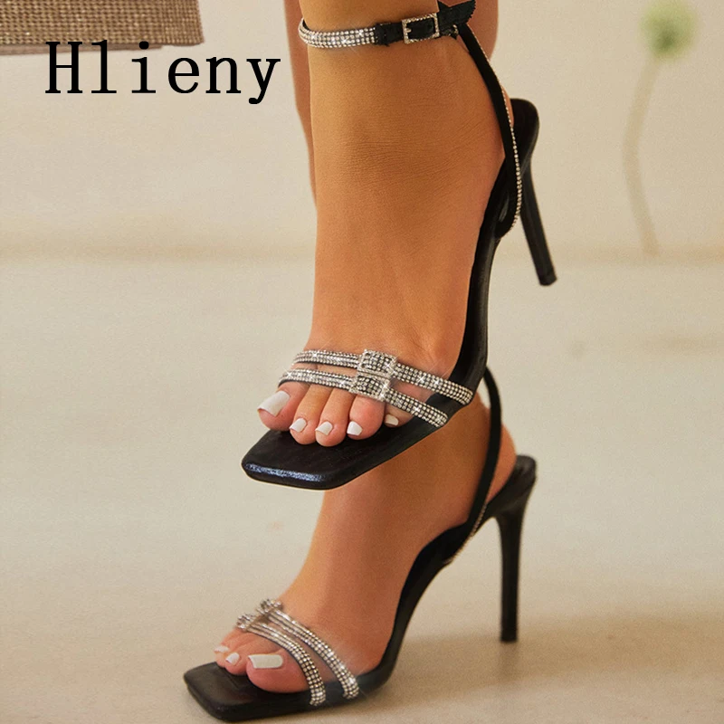 Liyke Sexy Silver Crystal Ankle Strap Sandals For Women 2024 Summer Square Open Toe Rhinestone Heels Party Prom Shoes Size 35-42