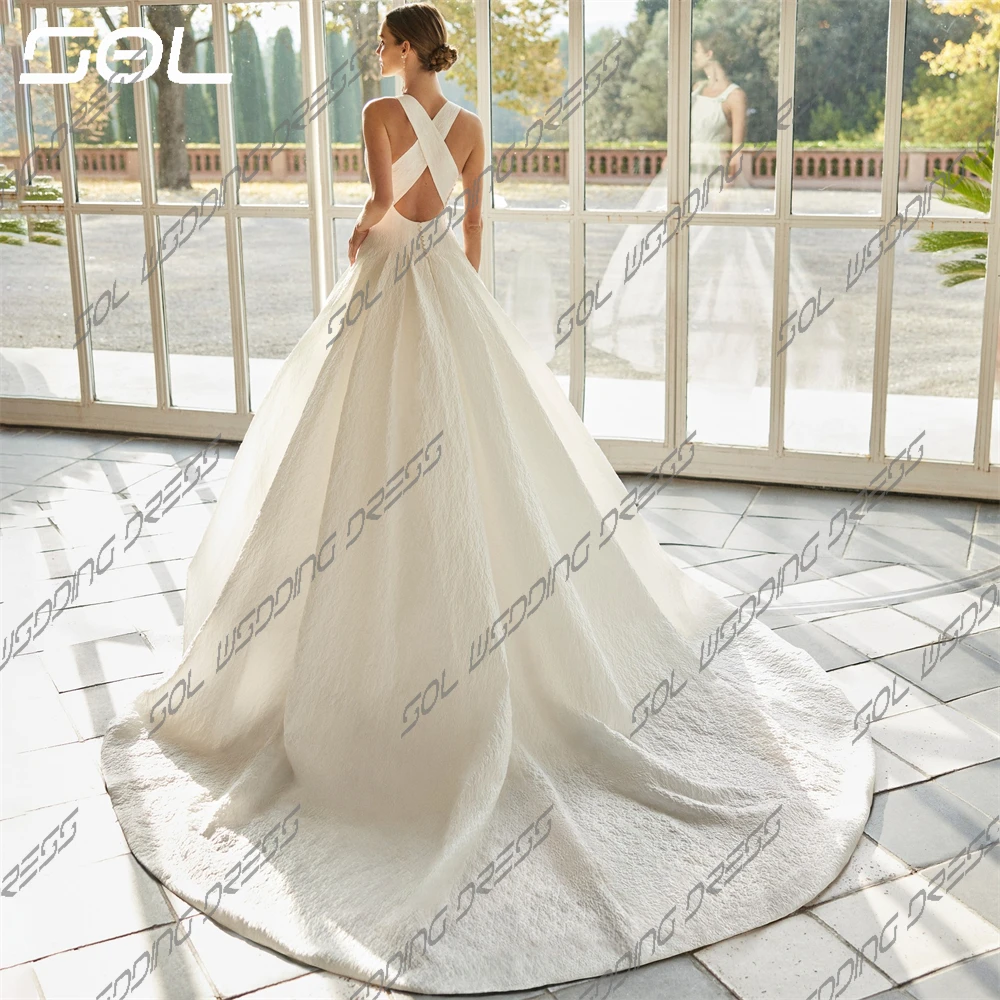 Vestido De Novia sencillo con cuello redondo y tirantes finos, elegante, entrecruzado, Espalda descubierta, línea A