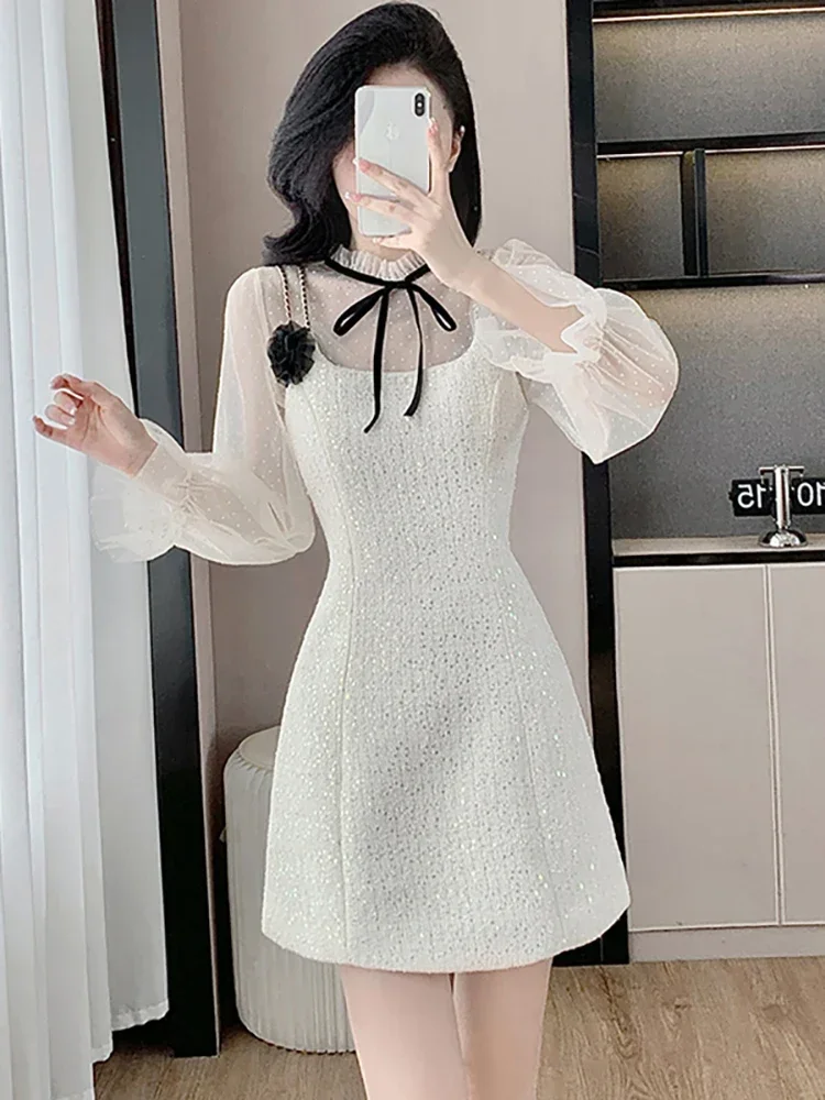 Women Pink Sequins Patchwork Mesh Sheer Dress Sets Autumn Winter Elegant Bow Ruffled Collar Dress 2024 Korean Luxury Party Dress