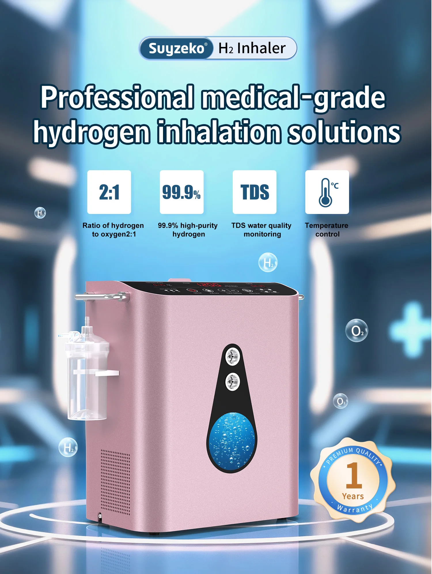 Hochreiner Wasserstoff-Sauerstoff-Generator 1200ml H2 O2 Maschine SPE PEM Elektrolyse Digitalanzeige Heim-Wellness-Gerät SUYZEKO – Detail 2