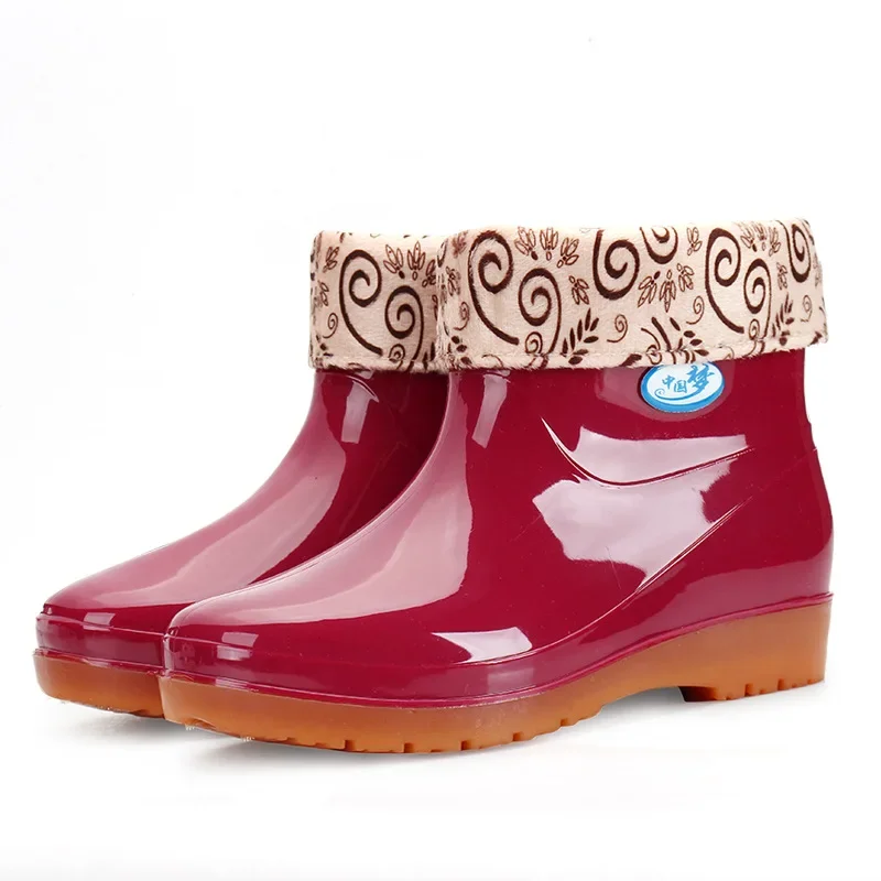 Bottes de Pluie Imperméables en Peluche pour Femme, Chaussures Chaudes et Décontractées en Caoutchouc, Rouge, à la Mode, Automne Hiver 2024