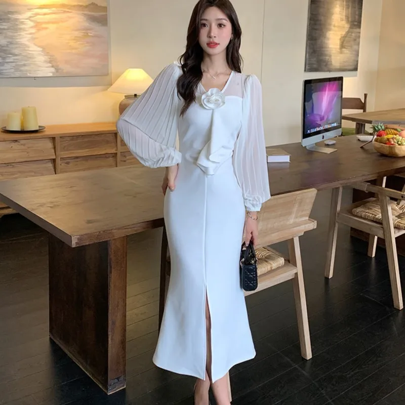 Autumn Elegant Bodycon Midi Dresses for Women Lantern Sleeve V-neck Split Mermaid Evening Party Dress Korean Chic One Piece New