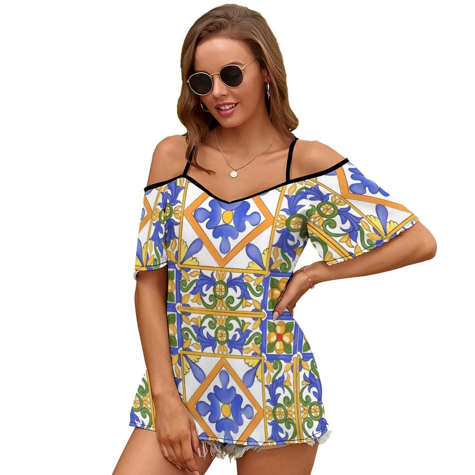 Citrus, estilo siciliano verão decoração padrão camiseta feminina nova moda impressa zíper com decote em v manga curta t camisas casuais