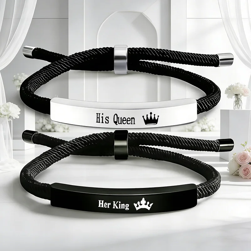 2 Pcs Fashion Adjustable Rope Couple Bracelets Stainless Steel I Love You Always Forever Bracelet Set Valentines Day Gift