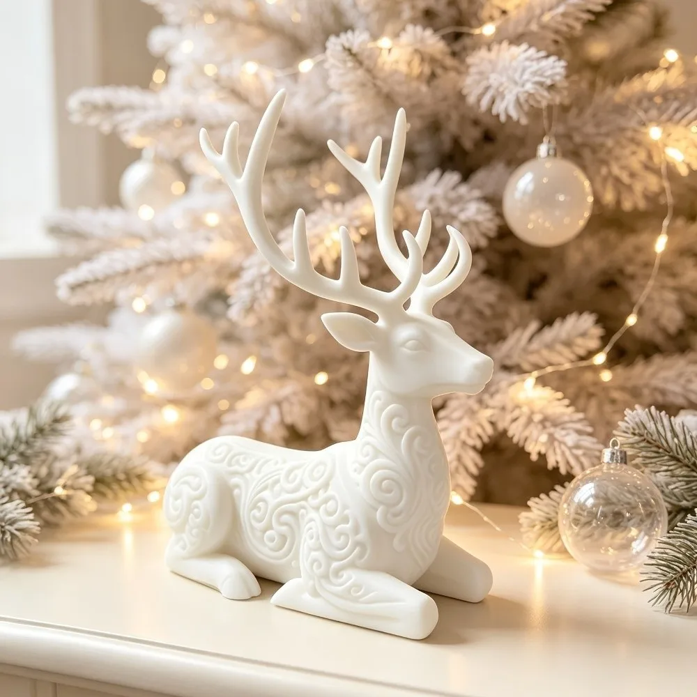 3D Printed Christmas Sitting Deer Statue Lying-Posture Vintage Swirl Small Deer Desktop Ornament Simple Realistic