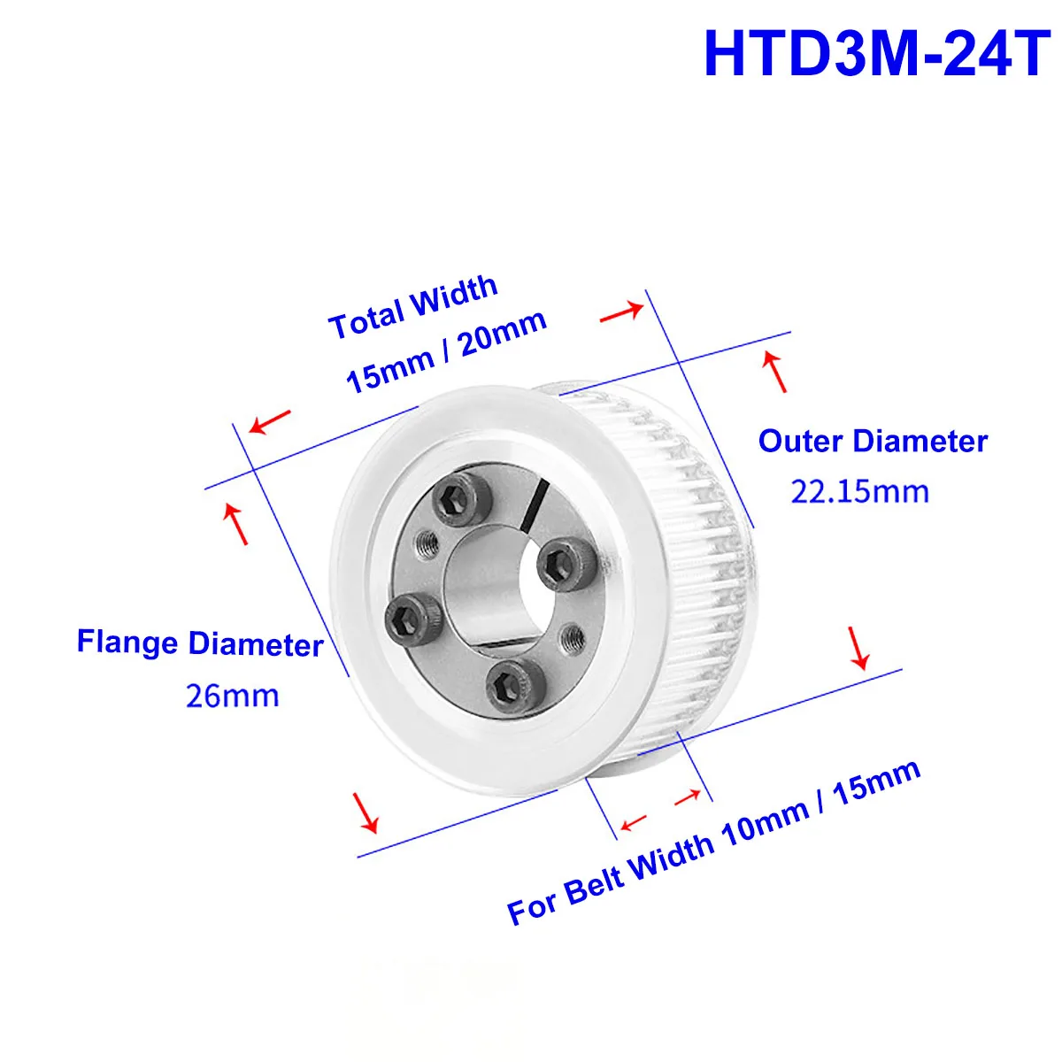 

HTD3M 24T Synchronous Timing Pulley 5/6/6.35mm Bore Keyless 24 Teeth Transmission Belt Pulley For Width 10mm 15mm Timing Belt