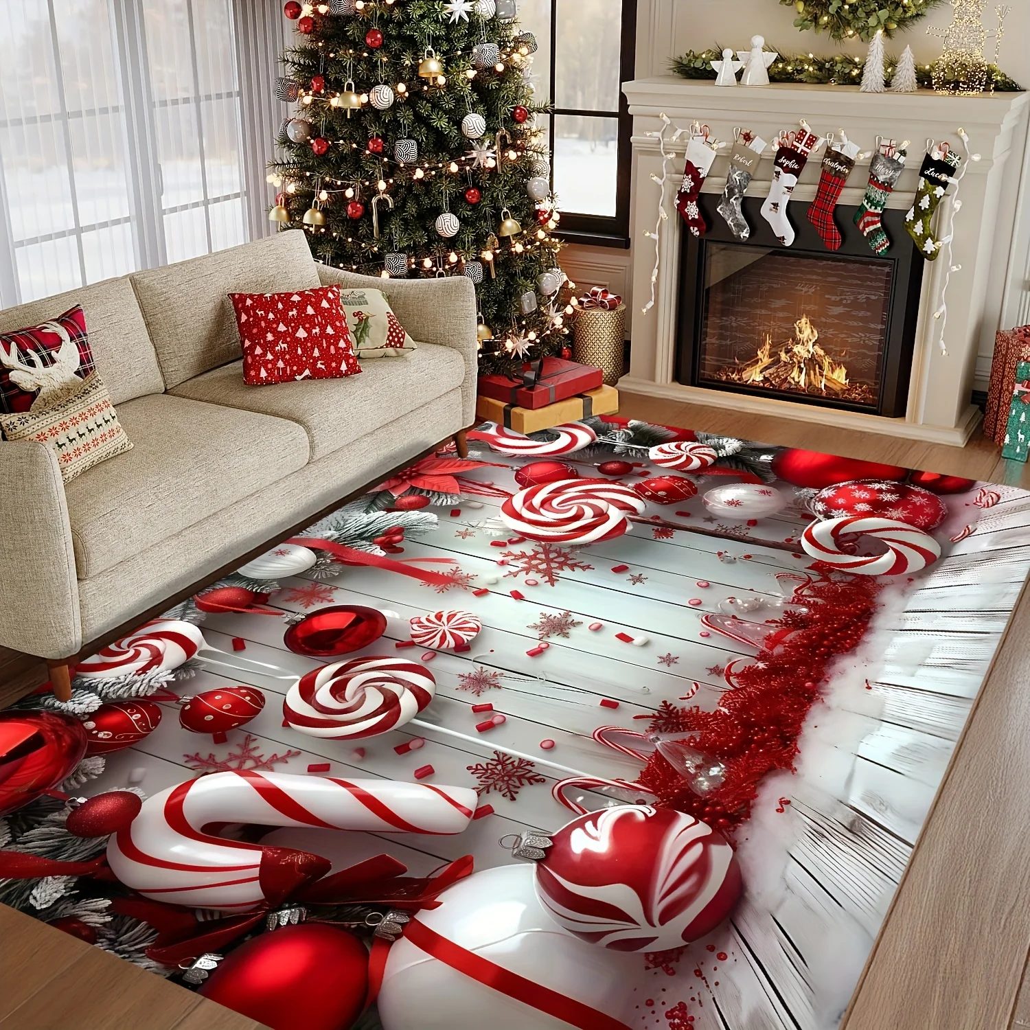 Holiday Santa Scene Area Rug Red Snowflake Pine Tree Pattern Indoor Mat for Bedroom Ornament