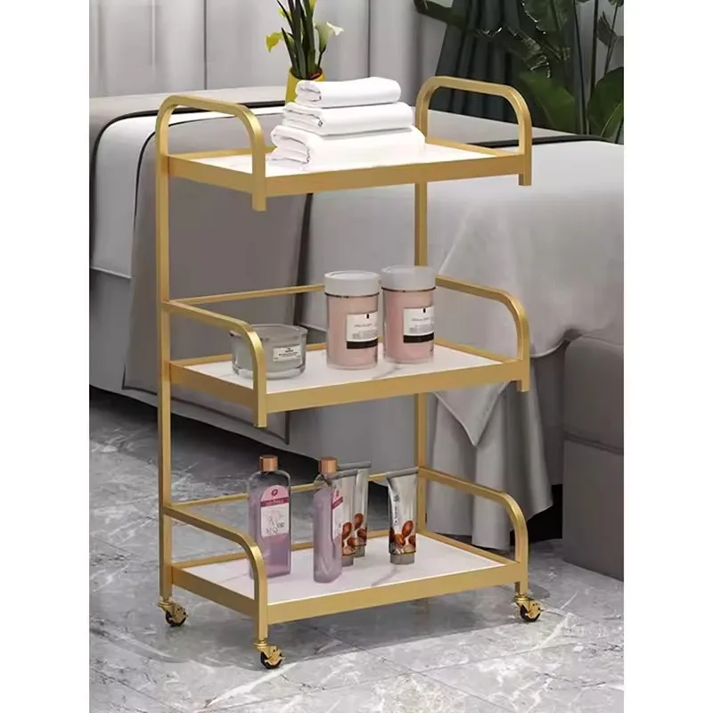 Luxury Beauty Golden Stainless Steel Marble Top Hairdressing 3 Layer Beauty Saloon Trolley With 4 Wheels