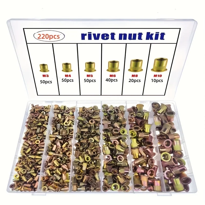 220Pcs Color-Coated Carbon Steel Rivet Nut Assortment, M3-M10 Rivet Nuts, For Car Bumpers, License Plates, Doors & Windows Insta