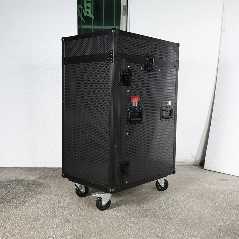 Caja de vuelo de estante combinado Vertical Pro con ruedas, mesa lateral y plataforma deslizante, pintura negra personalizada, 11U, superior