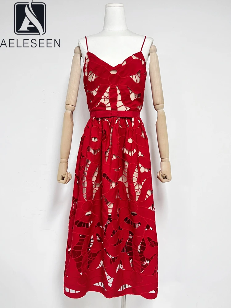 

AELESEEN Women's New Embroidered Hollow Spaghetti Strap Dress for Summer 2025 V-Neck Red White Midi Slim Party Camisole