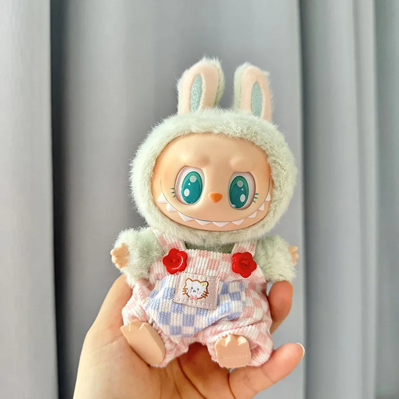 Mini Vêtements de Course en Peluche de 17cm, Accessoires pour Kpop Coréen, Exo Labubu II, Poupées Idoles Assis, Salopette à Carreaux