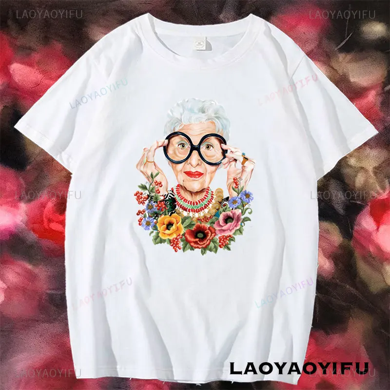 Iris Apfel Women Summer Printed Cartoon Art T-shirt Loose Casual Harajuku Streetwear Short Sleeve Cotton Female T-shirt Tops