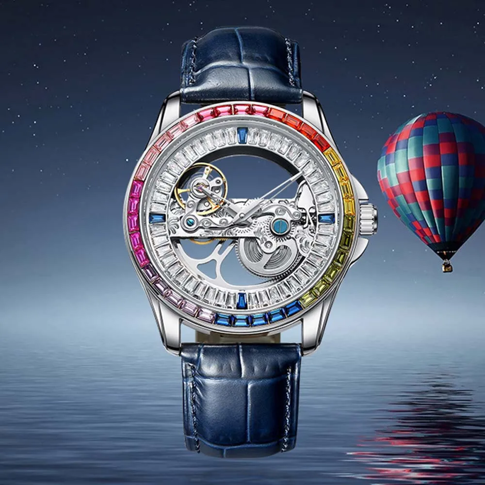 Skeleton Mechanical Watch for Men Business Leather Strap Dimaond Inlay Case Watches Automatic Movement Waterproof Clock Gift