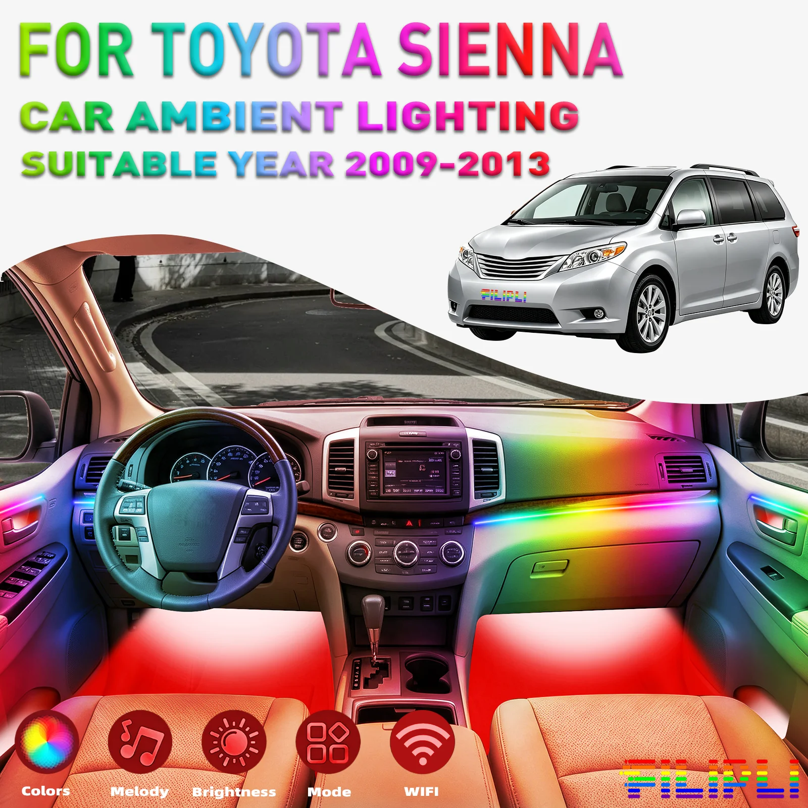 For TOYOTA Sienna 2009‑2013 6 Lights Kit 256 Colors DREAMCOLOR 6 in 1 Hidden Acrylic LED Strip Cyclic Color Shift Neon Light Strip Auto Rotating Color Mode Car Interior Accent Lights Aftermarket Tuning Modification Supplies