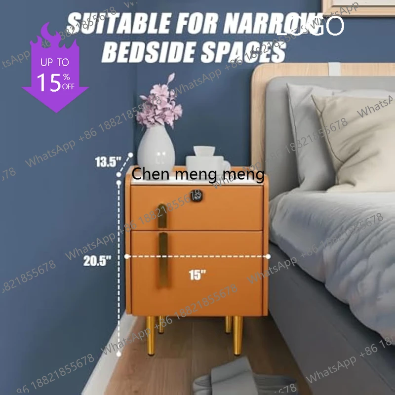 D80 Smart Nightstand with Hidden Safe and Fingerprint Locking Drawer Leather Marble Tabletop for Bedroom Modern USB Charging Ora