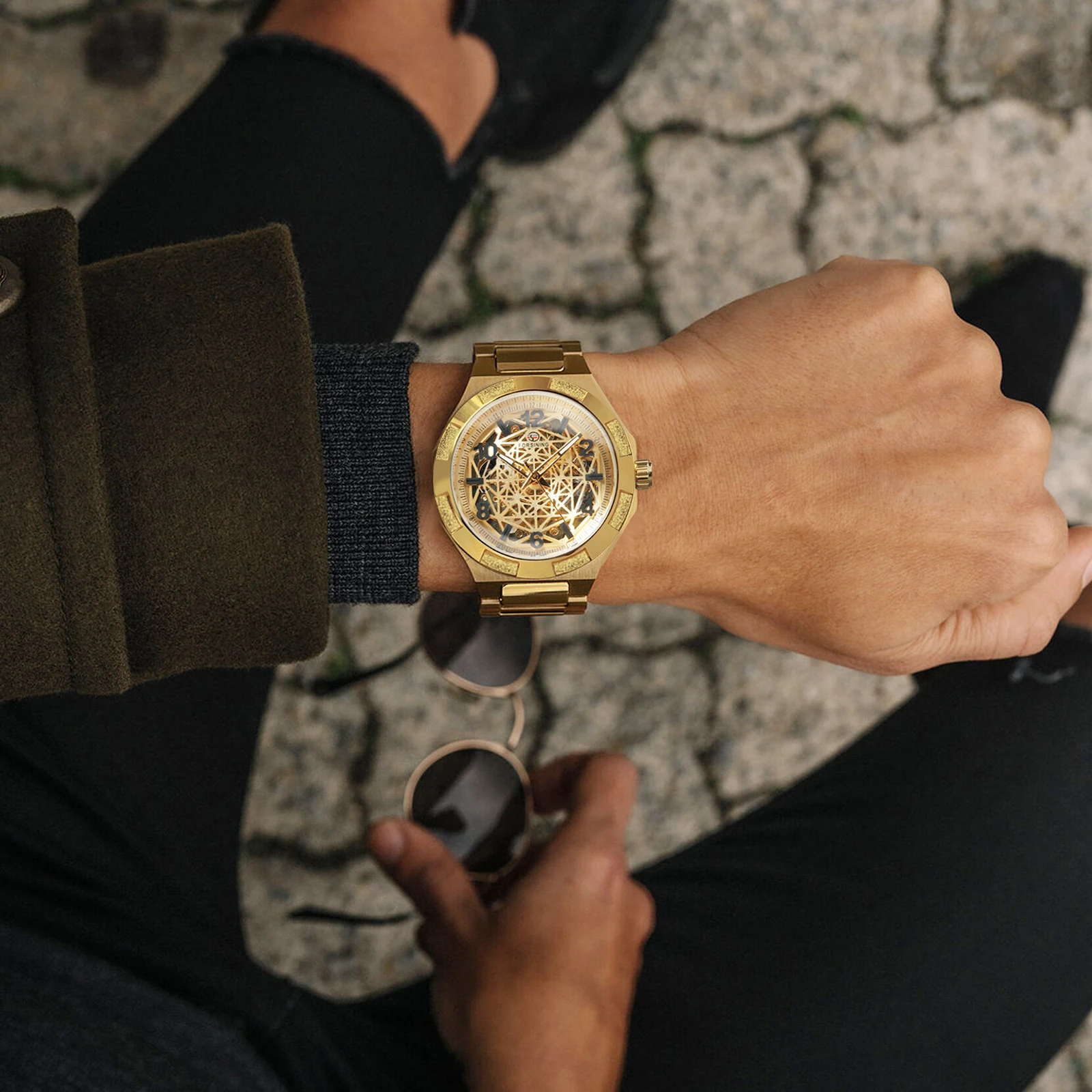 Forsining Gold Mechanical Watches Luxury Brand Irregular Skeleton Automatic Watch for Men Retro Stainless Steel Strap Luminous