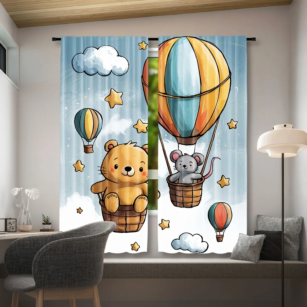 Cute Bear & Mouse Hot Air Balloon Curtains, Cartoon Animal Print Drapes, Blue Sky Pattern Window Treatment for Kids Room Nursery