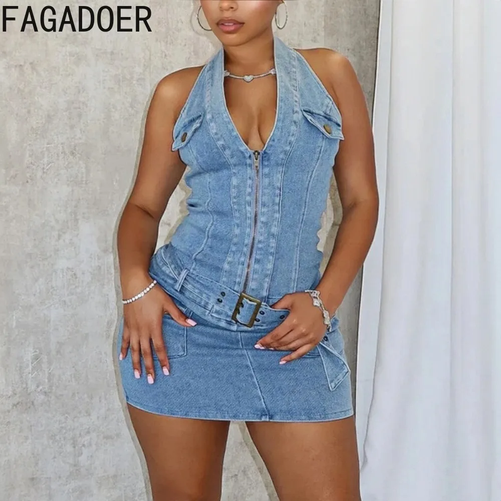 FAGADOER Sexy Denim Halter Dress Womens Stand Collar Sleeveless Bodycon Zipper Cowboy Vestidos Fashion Slim Jean Dresses 2024