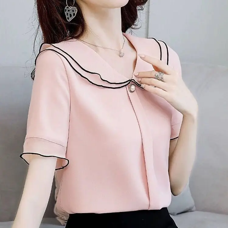 

Elegant Slimming Flared Sleeve Chiffon Blouse with Ruffle Collar