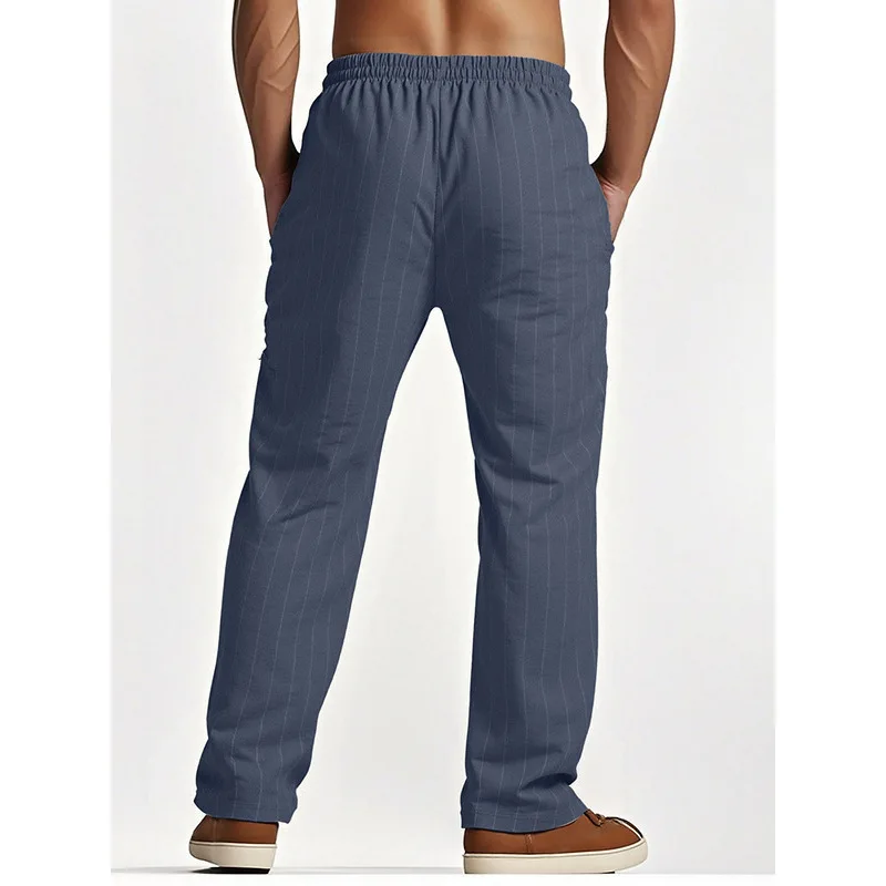 Linen Beach Pants, Drawstring Vertical Stripe Straight Breathable Casual Sports Trousers Men's Pants