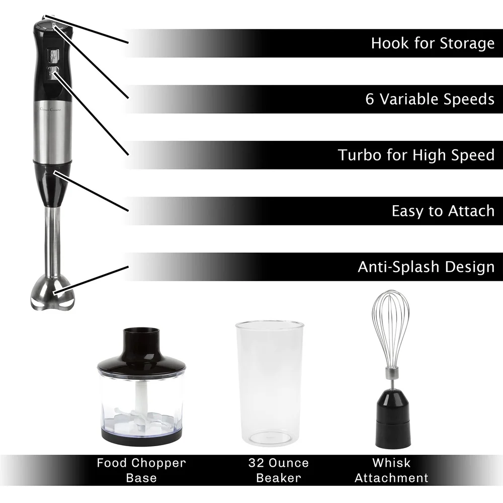 Classic Cuisine 6-Speed Handheld 4-in-1 Immersion Blender Soups Black)