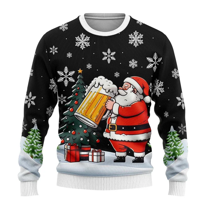 

3D Print Merry Christmas Hoodie For Men Santa Claus Beer Pattern Sweatshirts Autumn Long Sleeve Round Neck Street Loose Hoodies