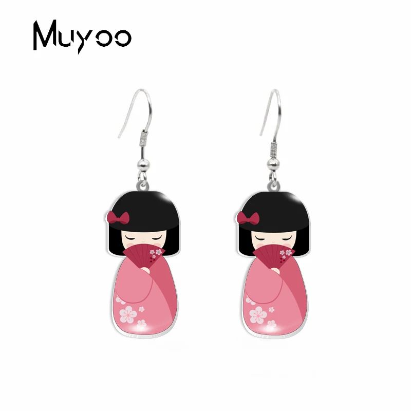 New Arrival Cartoon Kimono Doll Patterns Print Epoxy Acrylic Resin Dangles Handmade Jewelry Fish Hook Earrings