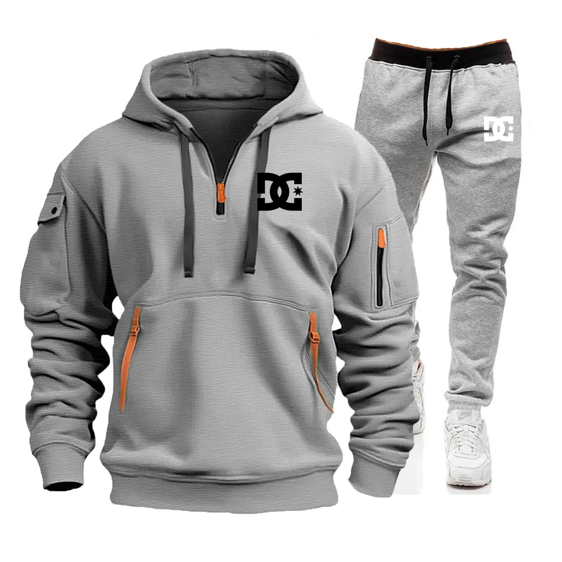 Set pakaian olahraga pria musim gugur dan musim dingin terbaru, setelan 2 potong jaket hoodie dan celana pria anti angin untuk aktivitas luar ruangan yang modis