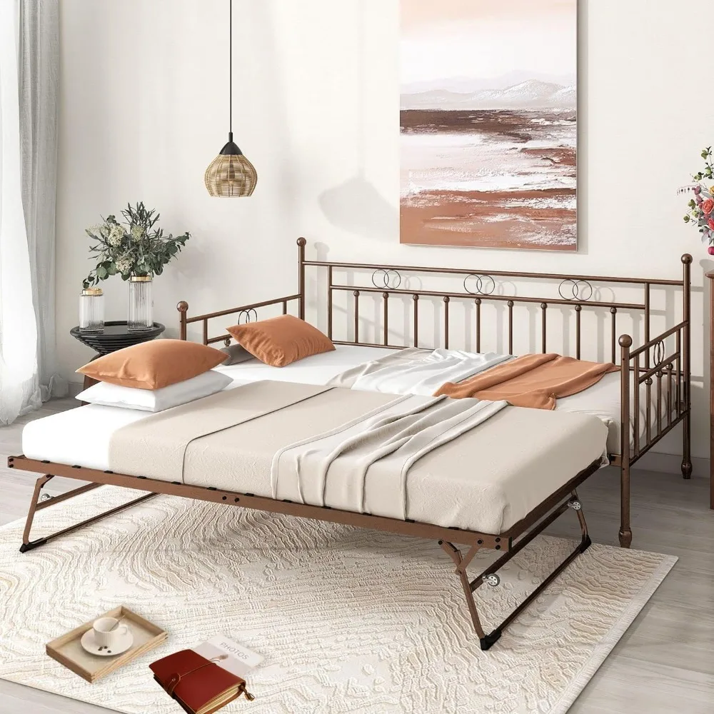 Day Bed with Trundle Bed Twin Size Metal Daybed with Pop up Trundle Daybed Farme Space Saving Sofa Bed