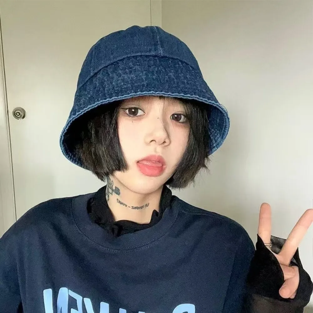 

Soft Sunshade Denim Bucket Hats Cloth Wide-Brim Retro Fisherman Hat Black Lightweight Sun Protection Basin Cap Women