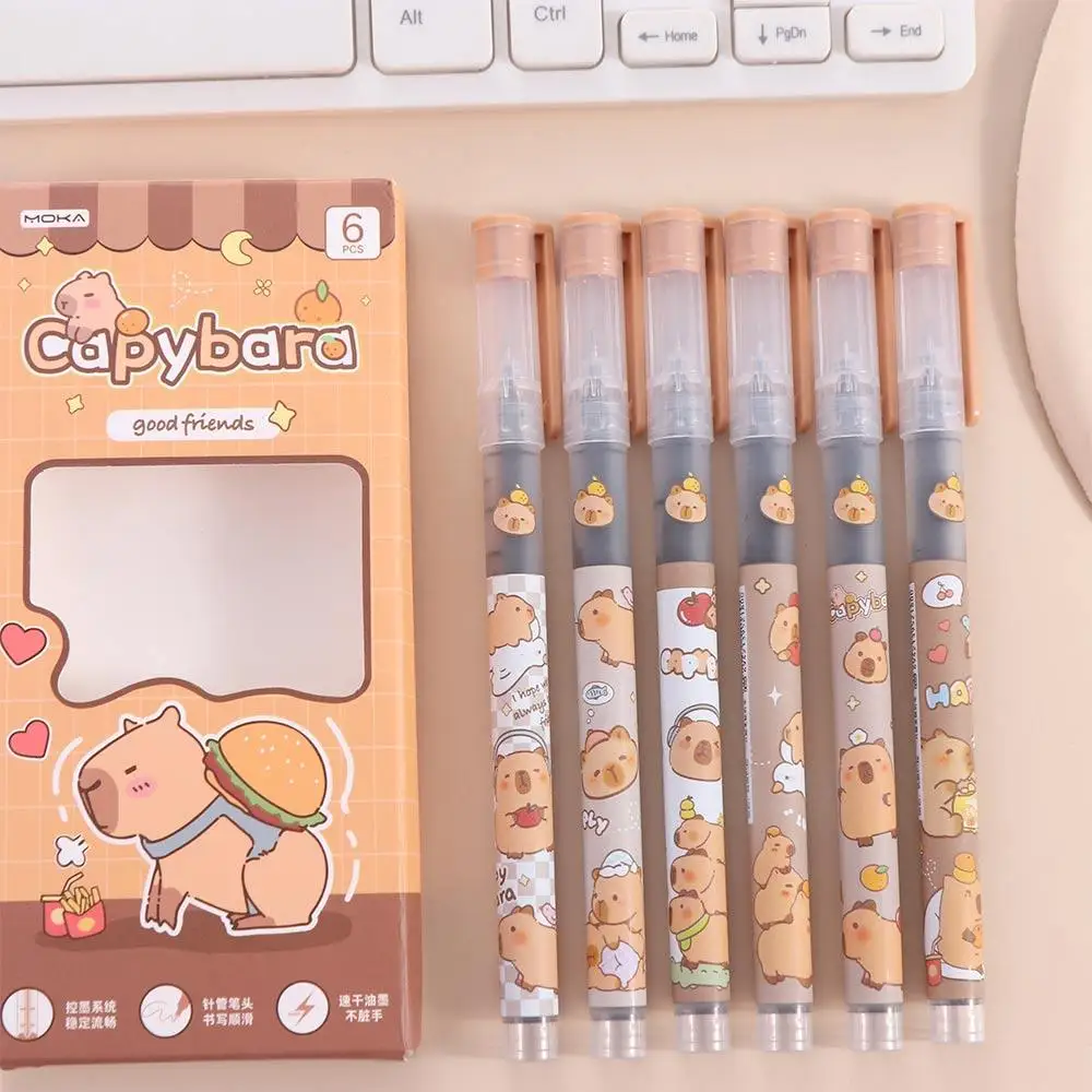 6PCS Aesthetic Capybara Gel Pen Boxed Good Looking Straight Liquid Ballpoint Pen Signature Black Ink 0.5mm Neutral Pen