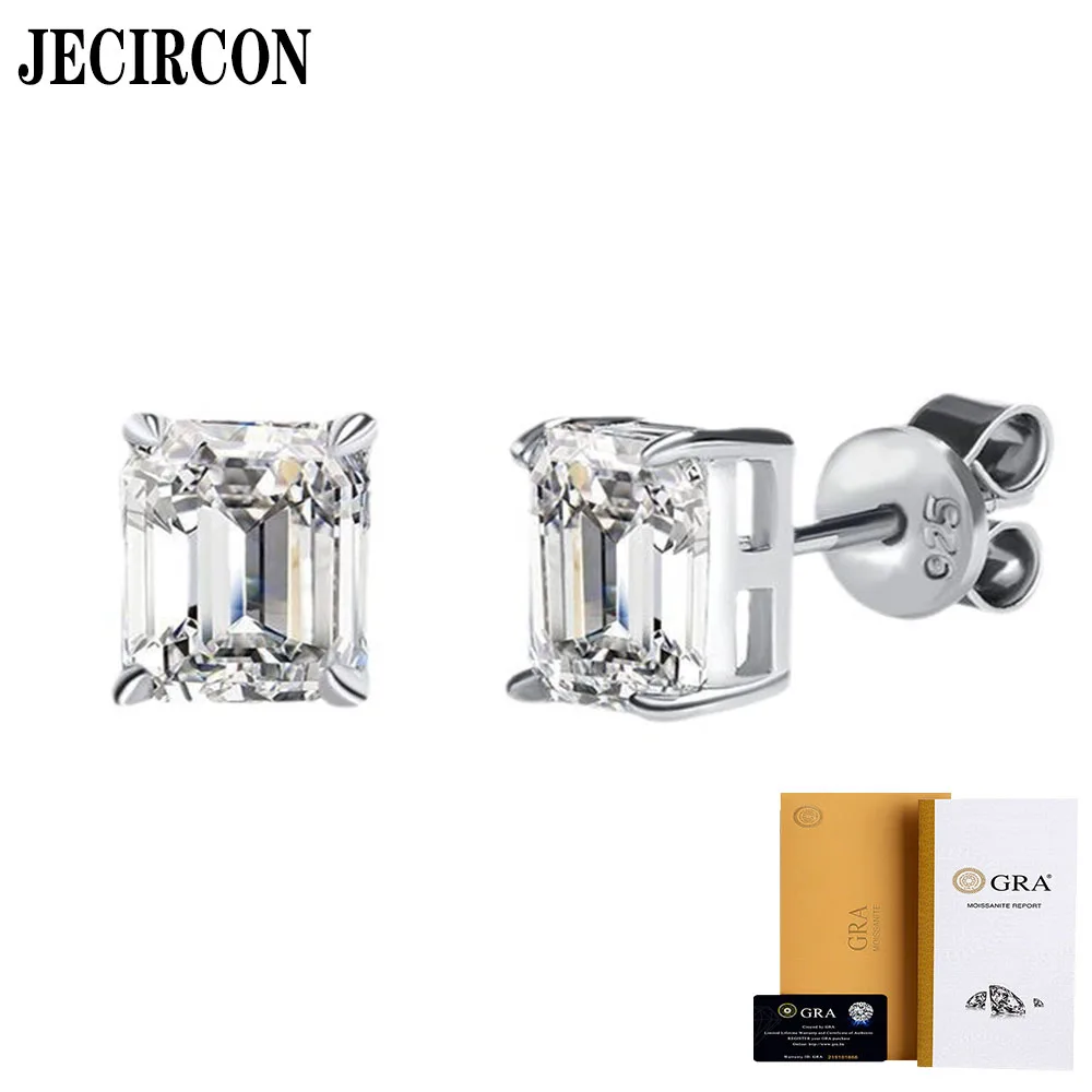 

JECIRCON s925 sterling silver moissanite earrings for women 1ct emerald cut square moissanite studs European and American Trendy