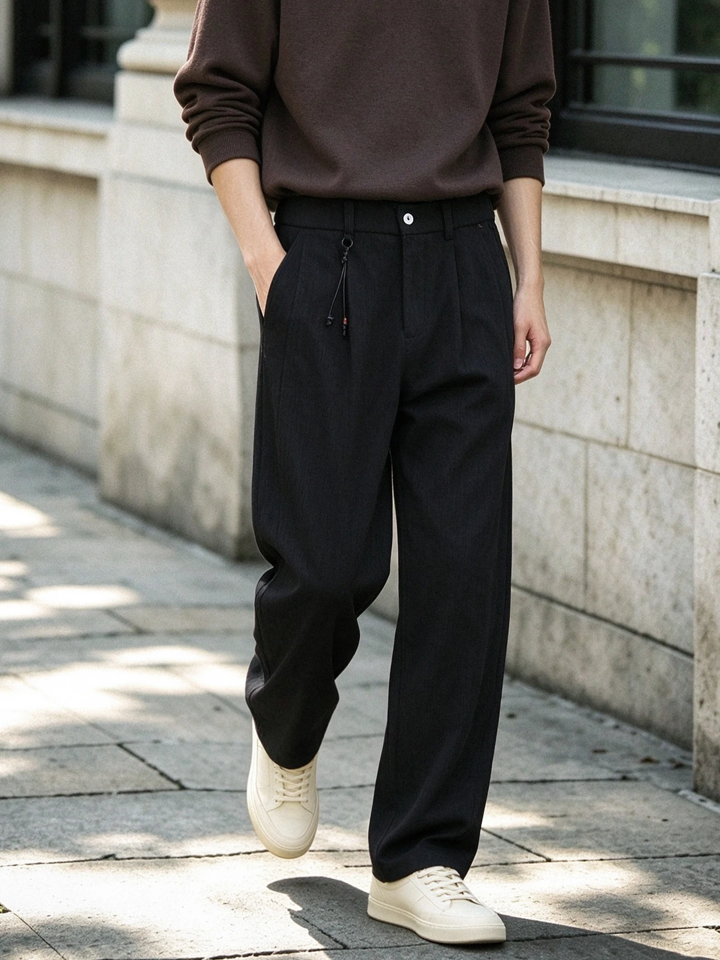Black Casual Pants for Men with Semi-Elastic Waist Straight Leg High Elasticity Commuter Pants Autumn Winter Cotton Blend