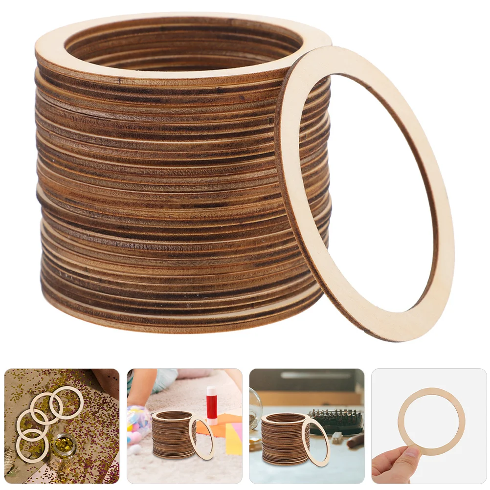 

50Pcs Unfinished Wood Circles for Crafts Natural Wooden Round Rings DIY Decorative Accessories Scrapbooking Macrame Curtain Ring
