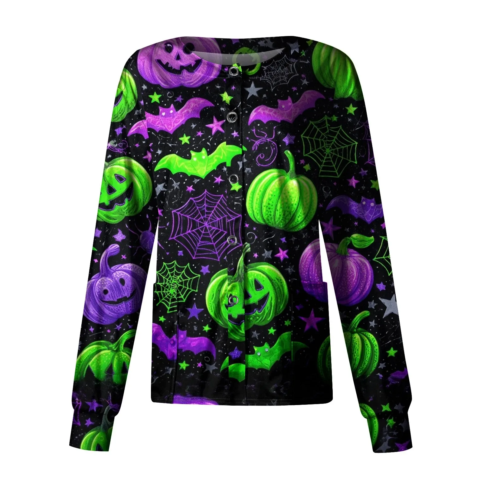 Jaket Overall Pelindung Berkerah Tunggal Motif Halloween untuk Wanita, Lengan Panjang, Berkantong, Seragam Kerja Perawat