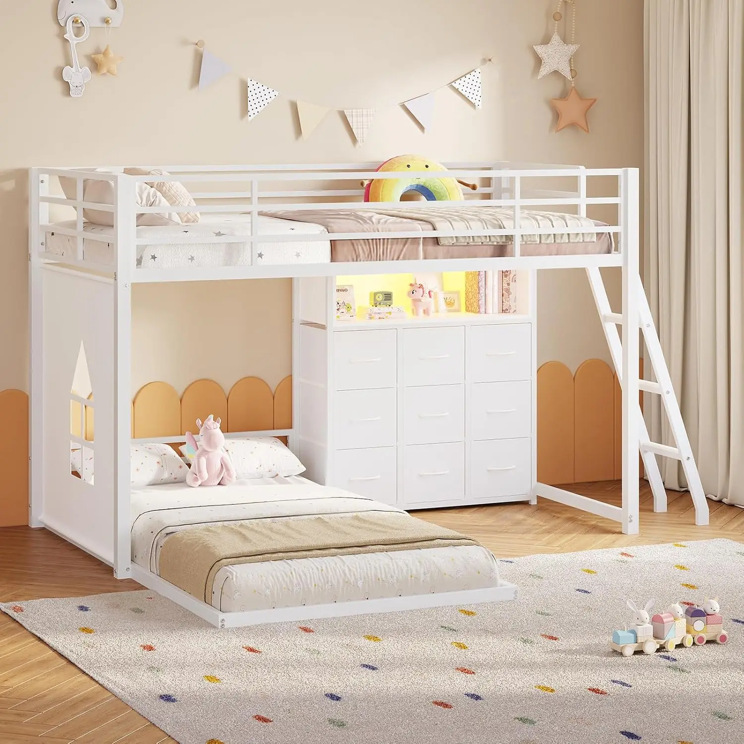 

Двухъярусная кровать Low Bunk Twin over Twin с 9 выдвижными ящиками для хранения, L-образная двухъярусная кровать с LED-подсветкой и игровой зоной, усиленная конструкция, на заказ