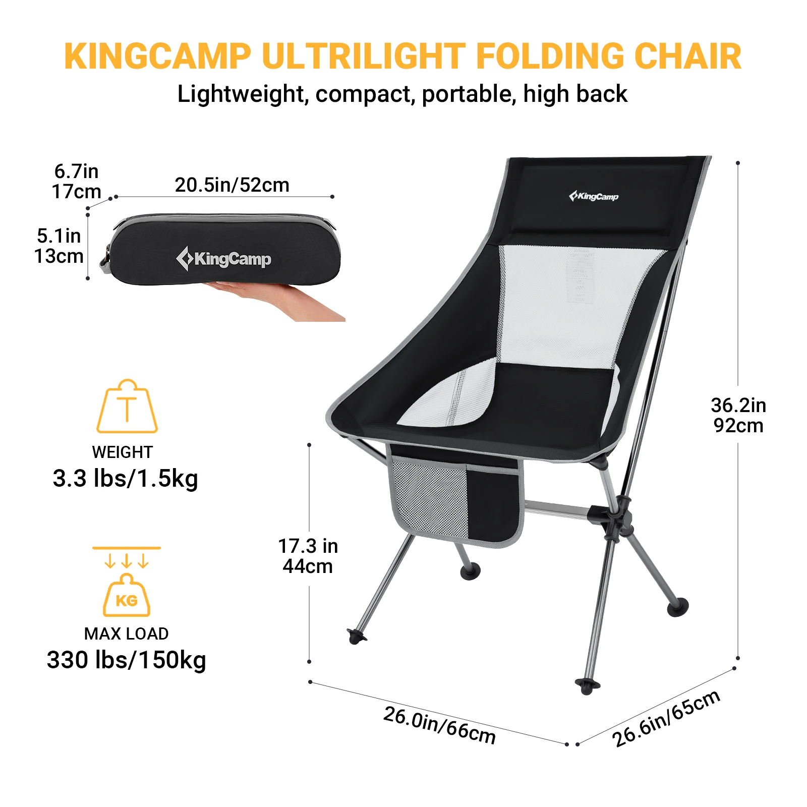 KingCamp Camping Chair, Camping Backpack Travel, Fishing, Recreation, Mountaineering, Lightweight and Portable Foldable, High Ba