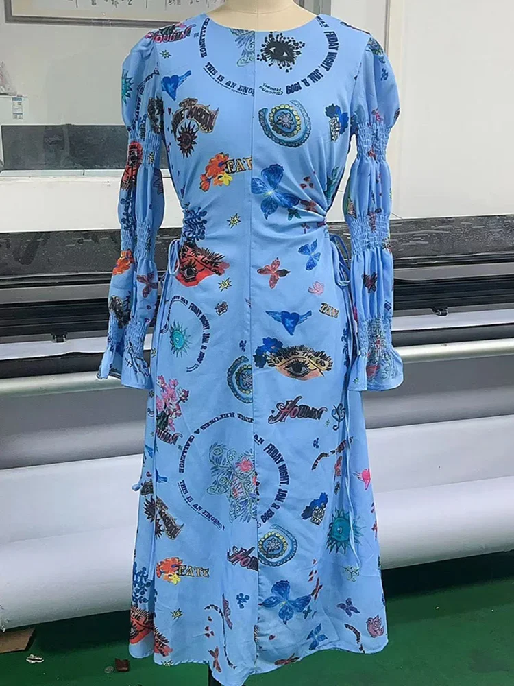 Print Beach Dress Women O-neck Long Lantern Sleeve Hollow Out O-neck High Waist Dresses Female Summer 2023 Colorful A-line Robe