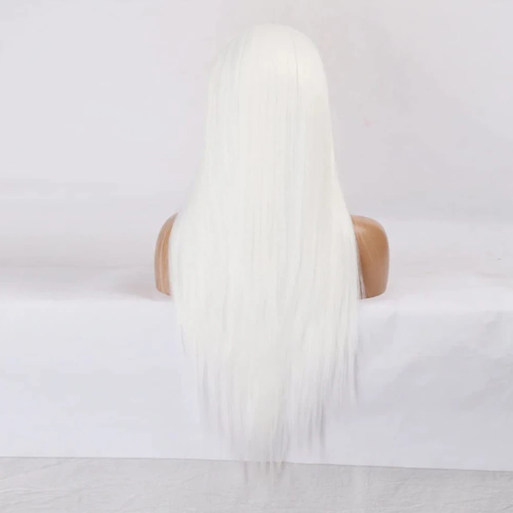 اللون الأبيض تأثيري المرأة شعر مستعار الحرير مستقيم شعري طبيعي الاصطناعية الدانتيل الجبهة الباروكات ماكياج استخدام موضة الشعر الأبيض مستقيم