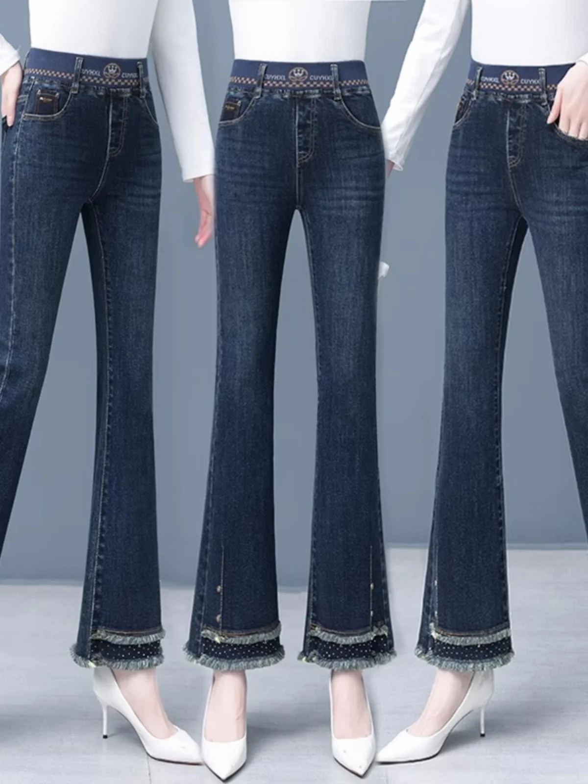 

Женские расклешенные джинсы с эластичной резинкой на талии Fce на подкладке, весна-осень 2023, новые эластичные расклешенные джинсы с высокой талией для похудения...