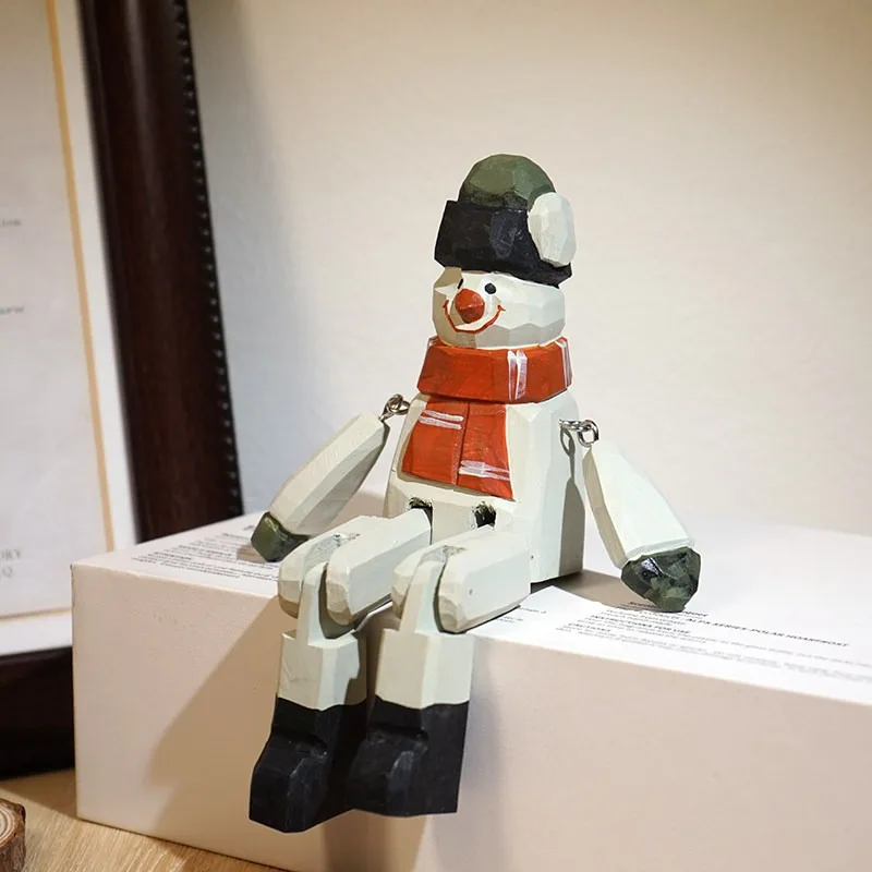 1 PC Cute Long Legged Snowman Handmade Wood Carving Figurine Fun Creative Ornament Desk Bookcase Home Decoration Birthday Gift
