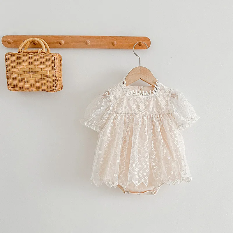 

Girls Summer Rompers 2025 New Korean Fashion Lace Short Sleeve O-neck Tulle Bodysuits Infant Breathable Clothes for 0-24M